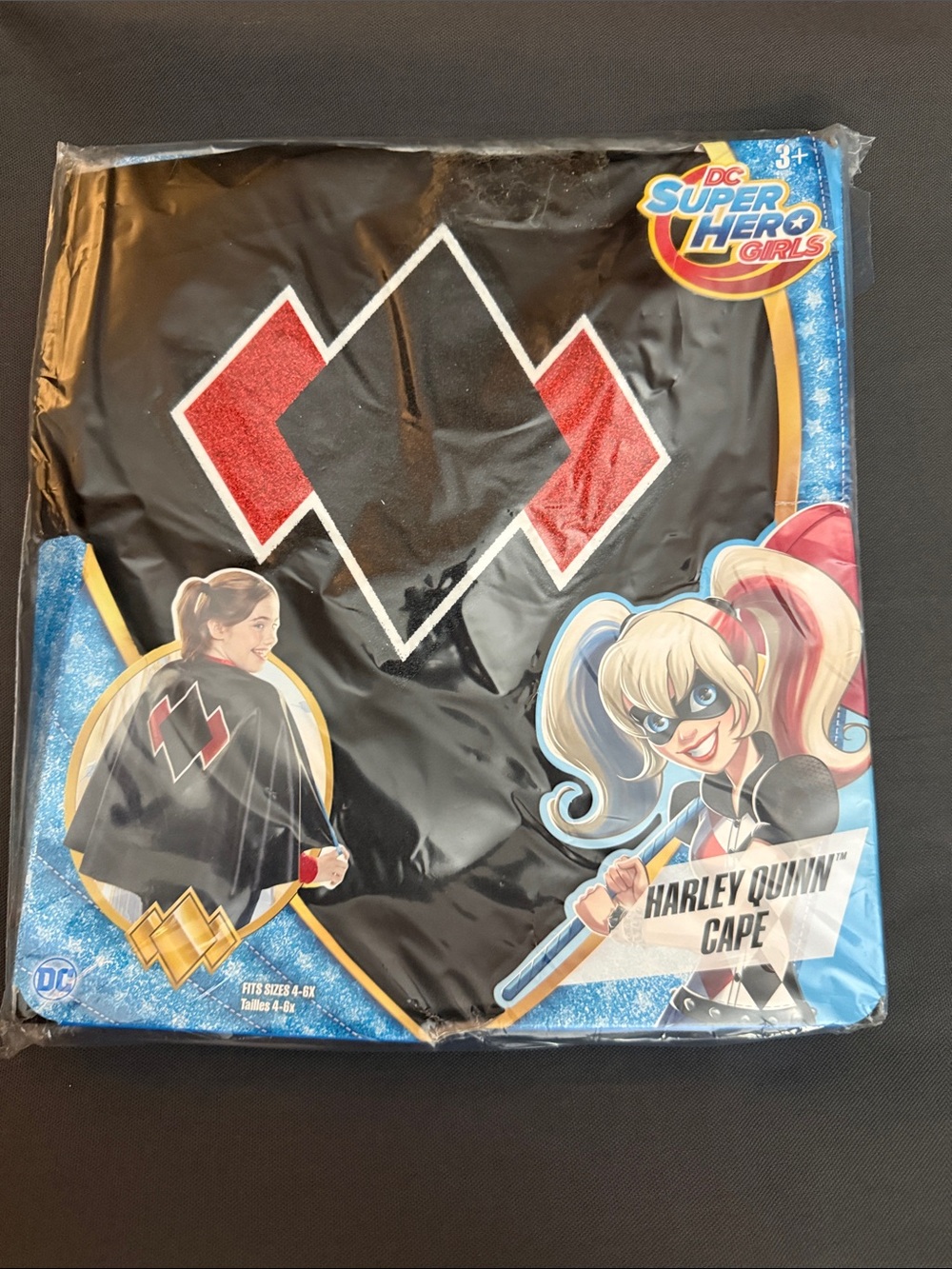 New dc super hero girls Harley Quinn Black & Red Cape fits sizes 4-6x